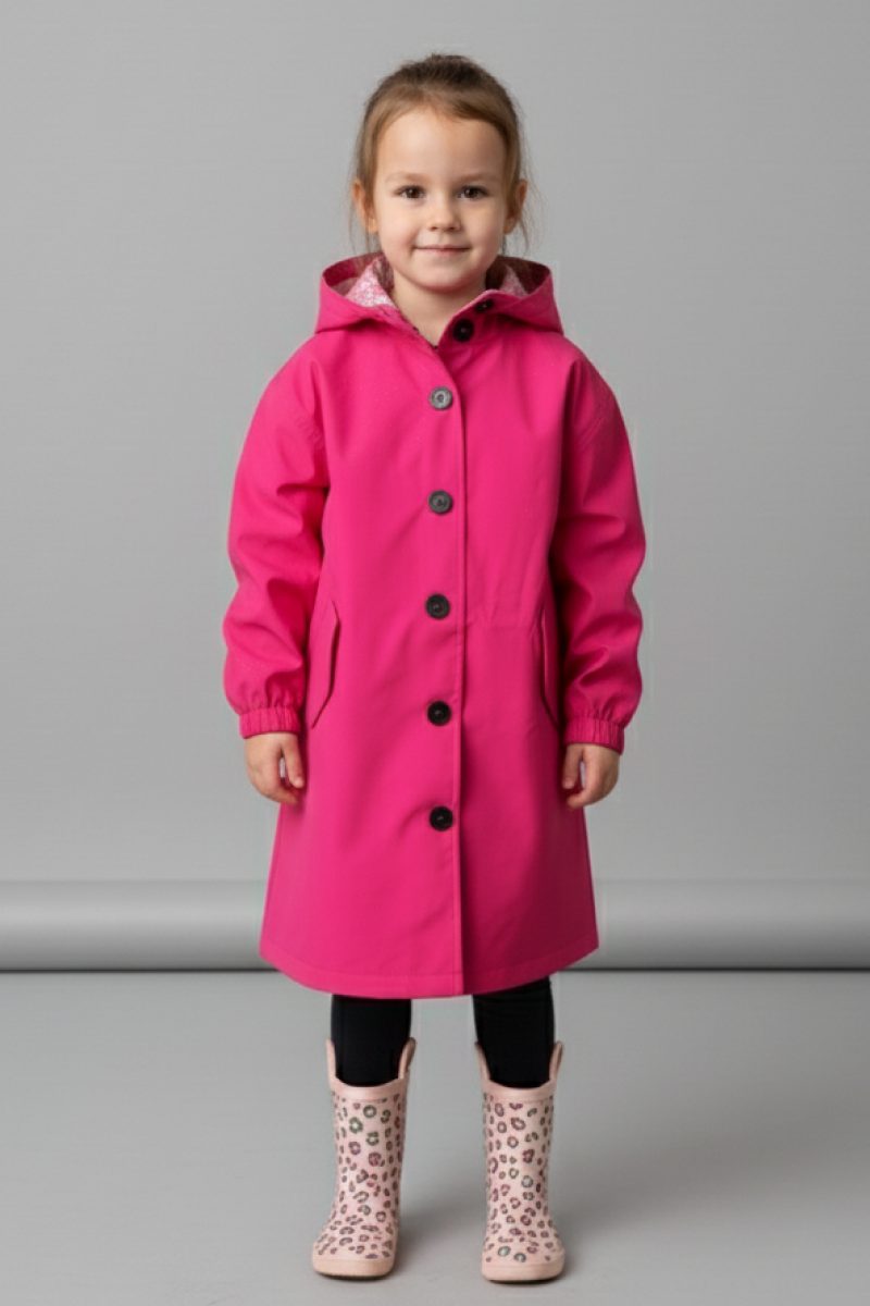 A young girl stands indoors against a plain gray background, wearing the looselyboho Bright Berry Kids’ Windbreaker, black leggings, and light pink leopard-print rain boots.