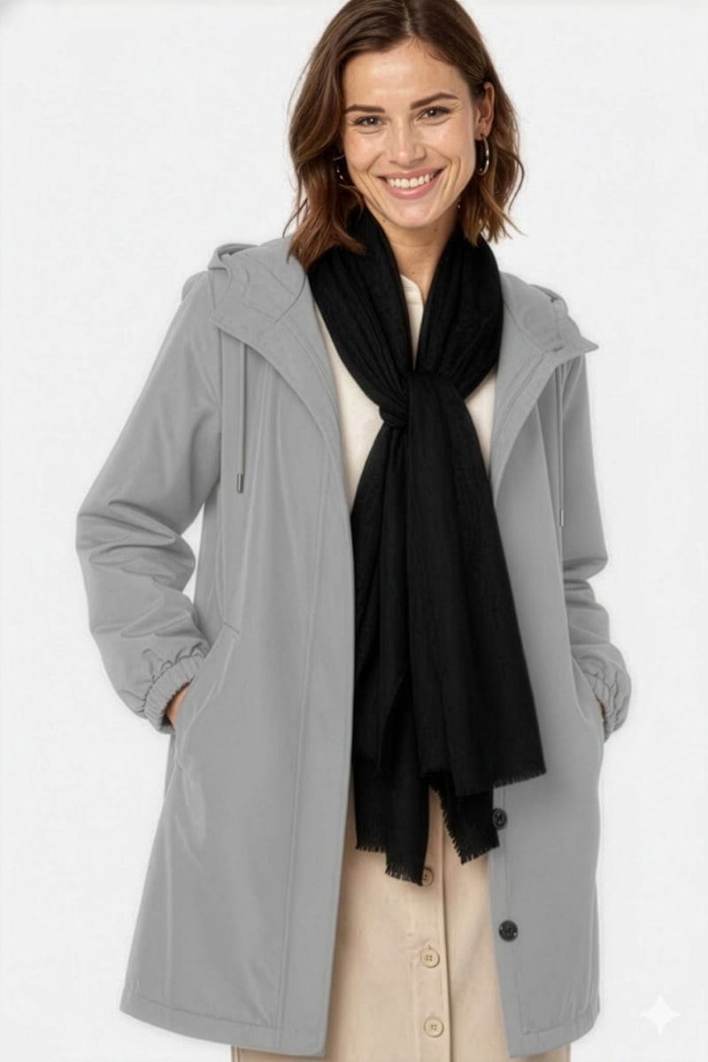 A woman wearing a light gray hooded coat, cream button-down dress, and the looselyboho Noir Eclipse 100% Cashmere Scarf stands smiling against a plain white background.