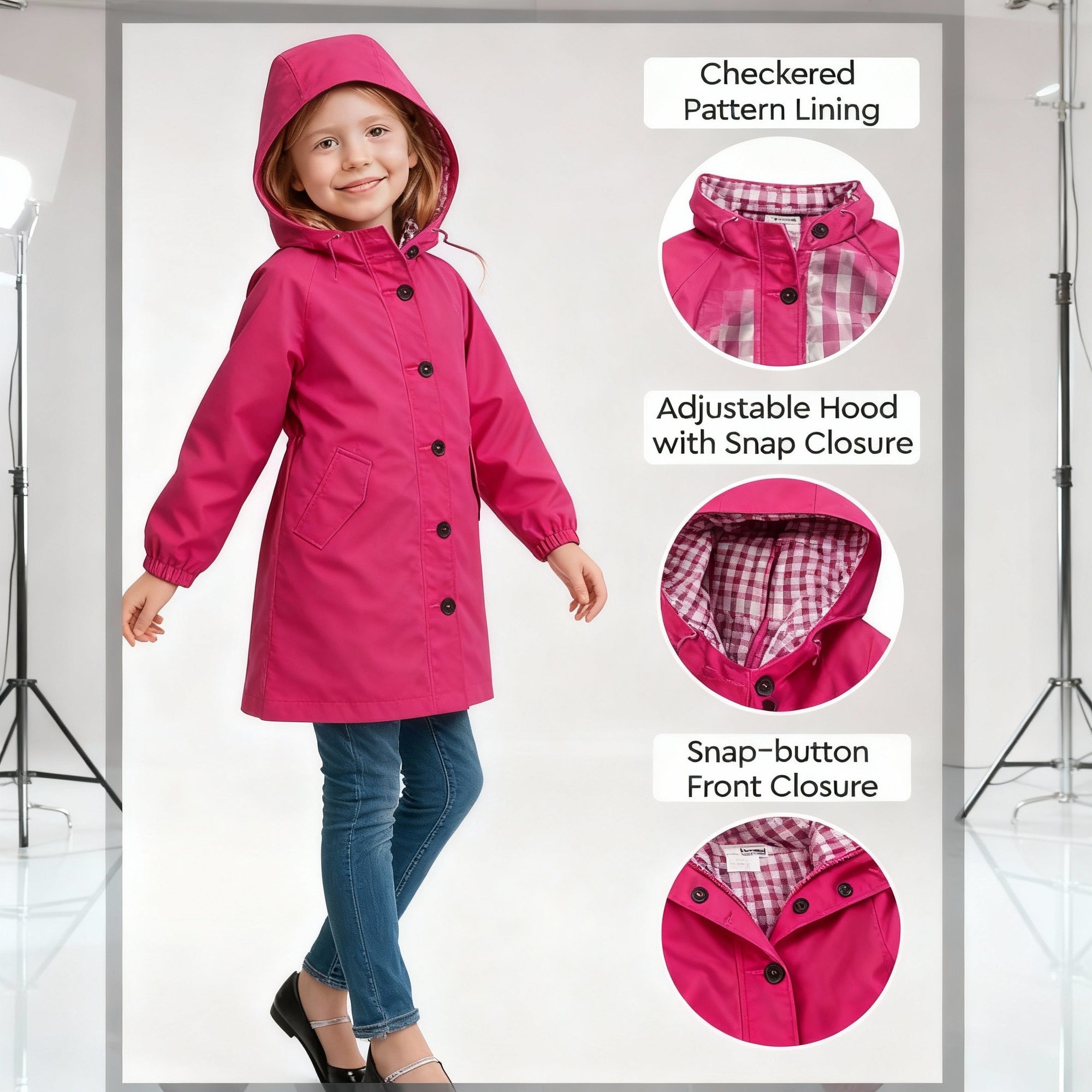 A young girl wears the looselyboho Bright Berry Kids’ Windbreaker, featuring an adjustable hood, snap-button closure, and water-resistant fabric with checkered lining. Three close-up insets with labels highlight these features.