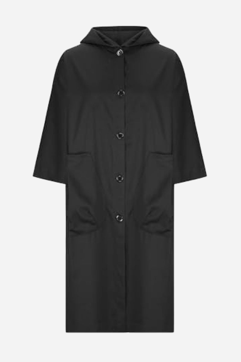 The Black One Size Fits All Oversized Water Resistant Windbreaker Jacket by looselyboho, showcasing button closure and two front pockets, is set against a plain background.