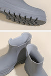 A close-up image of a pair of light grey Non-Slip Rain Boots by looselyboho. The top part showcases the sole of one boot with its textured SuperGrip pattern. The bottom displays the ankle-height boots side by side, highlighting their matte finish, elastic side panels, and waterproof design for ultimate Comfort Support.
