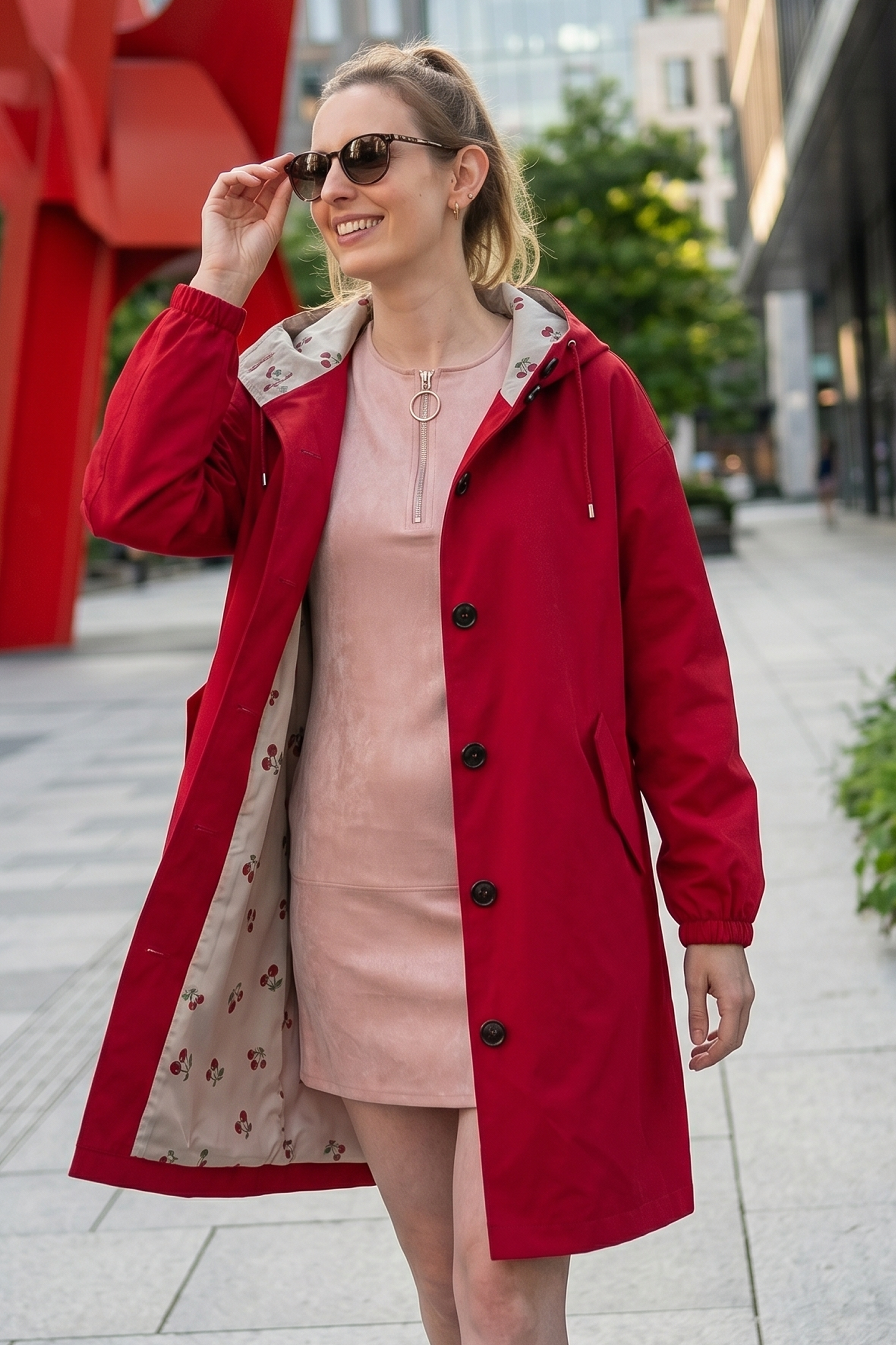 A woman wearing sunglasses and the red Icon Windbreaker Rain Jacket walks outdoors on a city sidewalk, smiling as she holds her sunglasses. Modern buildings and greenery appear in the background.