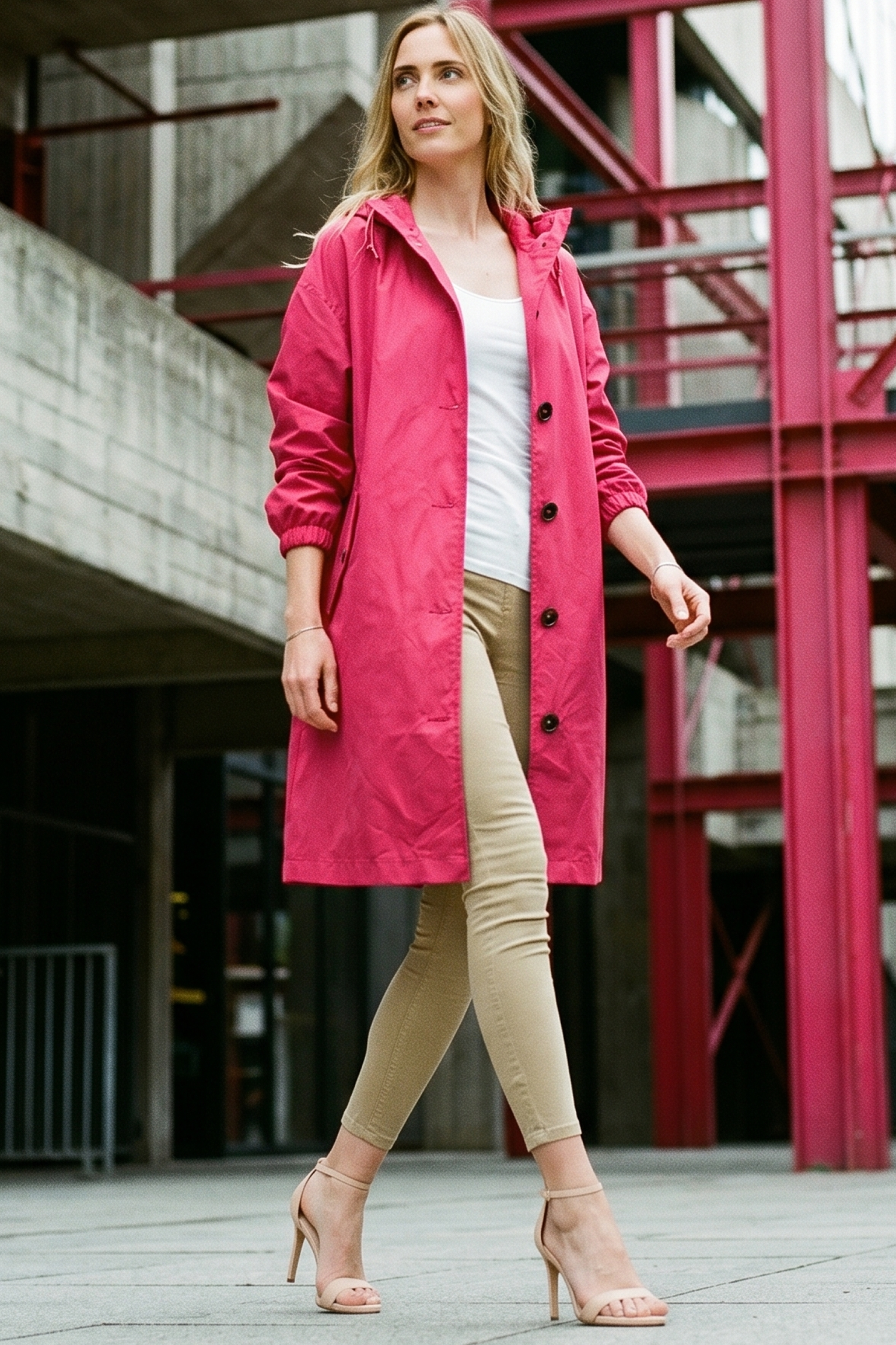 A woman wearing the Icon Windbreaker Rain Jacket, a bright pink coat, walks outdoors in an urban setting featuring concrete and red metal structures.