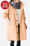 A woman in the looselyboho PEACH FUZZ WINDBREAKER, a peach water-resistant button-up, with a light shirt, black pants, and gray scarf stands hands-in-pockets. A red circle in the corner announces "Final Drop SALE!".